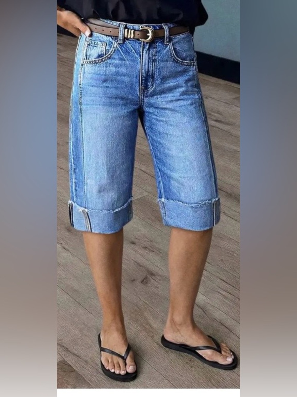 Flamingals Seam Front Raw Hem High Rise Denim Bermuda Shorts